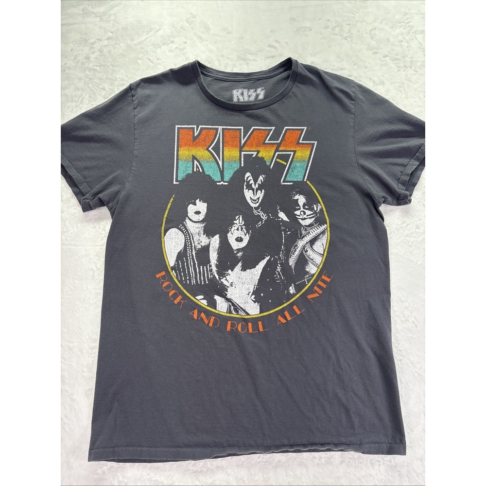 KISS Graphic T Shirt Mens Medium Rock and Roll All Nite Grey Cotton Rock Band Te